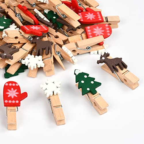 KATELUO 50 Stück Weihnachten Holz Clips, Weihnachten Wäscheklammern, Klammern Weihnachten, Mini Holzklammern Weihnachten, zum Dekorieren von Weihnachten, Fotowänden, Postkarten, Papiertüten etc. von KATELUO