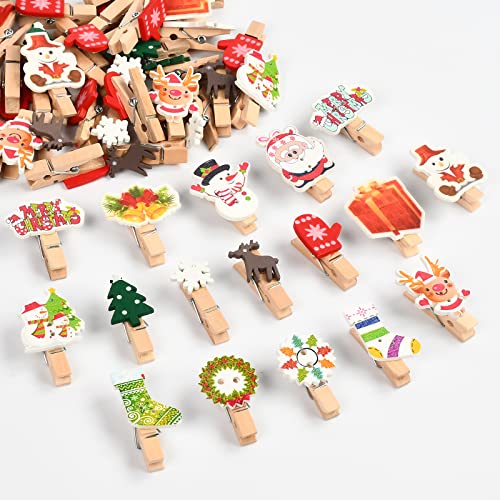 KATELUO 50 Stück Weihnachten Holz Clips, Weihnachten Wäscheklammern, Klammern Weihnachten, Mini Holzklammern Weihnachten, zum Dekorieren von Weihnachten, Fotowänden, Postkarten, Papiertüten etc. von KATELUO