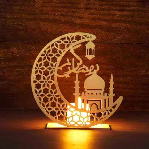 KATELUO Ramadan LED Holz Lampe, Mubarak Lampe Dekorationen, Mubarak Ramadan LED Muslim Nachtlicht Ramadan Dekoration Lichter, Eid LED Lampe für Garten Hochzeit Zuhause Eid Mubarak Tischdekoration von KATELUO