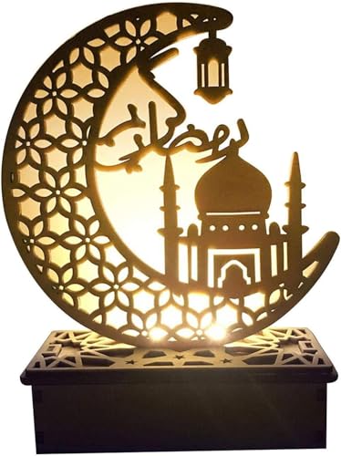 KATELUO Ramadan LED Holz Lampe, Ramadan Mond Nachtlicht Mubarak Ramadan LED Muslim Nachtlicht, LED Mond Schreibtischlampe Nachttischlampe Ramadan Dekoration Lichter für Muslimische Festival Geschenke von KATELUO