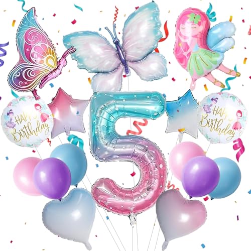Schmetterling Ballon, 16pcs Schmetterling Deko Geburtstag 5, Geburtstag Deko 5 Jahre Mädchen, Mit Kleinen Strohhalmen und Kleinen Bändern,Geeignet für den Geburtstag Eines 5-Jährigen Mädchens von KATELUO