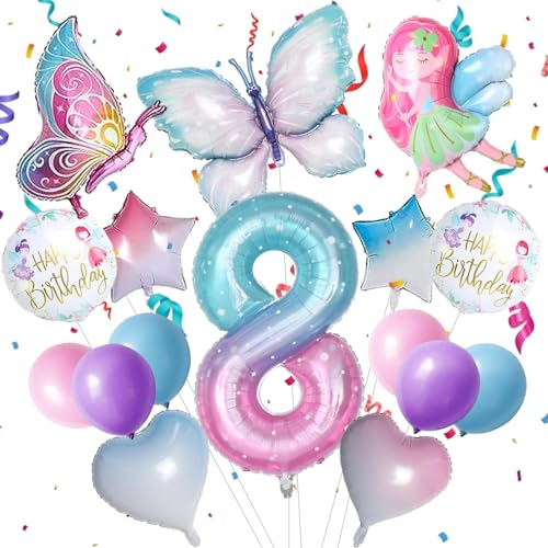 Schmetterling Ballon, 16pcs Schmetterling Deko Geburtstag 8, Geburtstag Deko 8 Jahre Mädchen, Mit Kleinen Strohhalmen und Kleinen Bändern,Geeignet für den Geburtstag Eines 8-Jährigen Mädchens von KATELUO