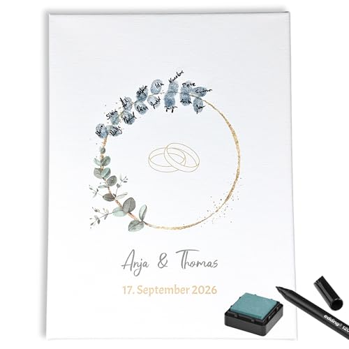 KATINGA Personalisierte Leinwand Fingerabdruck - Eukalyptus Design, inkl. Stempelkissen & Stift (Hochzeit) von KATINGA
