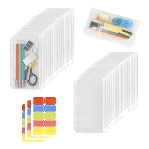 KATLINNA A6 Binder Taschen, 30 Stück Transparent PVC 6-Loch Bindertaschen mit Etikettenaufkleber, Wasserdicht Reißverschluss Ordner Geld Budget Umschläge für Notizbücher Einlegeseiten Loseblattbeutel KATLINNA A6 Binder Taschen, 30 Stück Transparent PVC 6-Loch Bindertaschen mit Etikettenaufkleber, Wasserdicht Reißverschluss Ordner Geld Budget Umschläge für Notizbücher Einlegeseiten Loseblattbeutel von KATLINNA