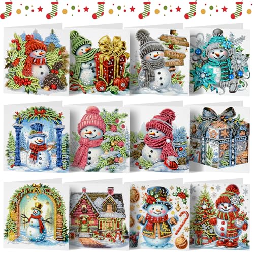 Diamond Painting Karten, 12 Stück Diamant Kunst Weihnachtskarten mit Umschlag Set, 5D DIY Schneemann Grußkarten, Handgefertigte Festivalpostkarten Diamond Painting Karten, 12 Stück Diamant Kunst Weihnachtskarten mit Umschlag Set, 5D DIY Schneemann Grußkarten, Handgefertigte Festivalpostkarten von KATREU