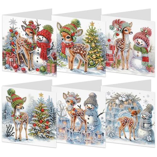 Diamond Painting Karten, 6 Stück Diamant Kunst Weihnachtskarten, 5D DIY Schneemann Grußkarten, Handgefertigte Festivalpostkarten von KATREU