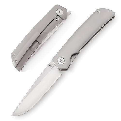 KATSU Klappmesser, Taschenmesser mit Taschenclip & Sandstrahlgriff aus Titan, ZDP-189 Scharfer Einhandmesser, Tragbares Outdoor Messer mit Rahmenschloss für den Täglichen Gebrauch - Grau von KATSU