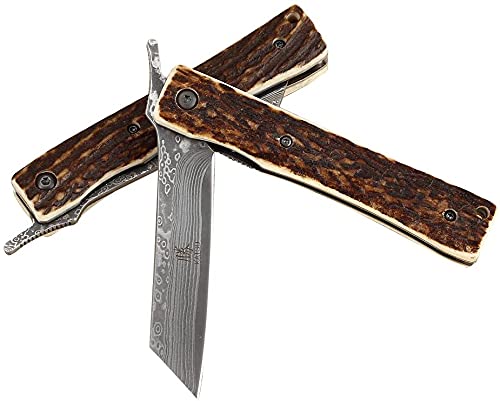 KATSU Klappmesser Taschenmesser Handgefertigtes, Rettungsmesser Messer Japanisches aus Damaststahl mit echtem Hirschgeweihgriff für Wandern, Camping, Notfälle von KATSU