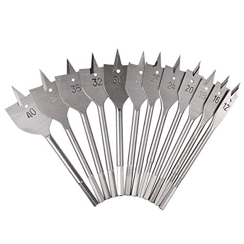 KATUR 12-tlg. Spatenbohrer-Set, Flacher Holzbohrer aus Kohlenstoffstahl, Holzbearbeitung Grau Dreipunkt-Paddelbohrer-Set (12-40mm Durchmesser) von KATUR
