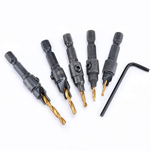 KATUR Kegelsenker-Bohrer, titanbeschichtet, HSS Power Handbohrer-Bit-Set, Schraublochgröße, Spiralbohrer-Bit-Set mit 1/4-Zoll-Sechskantschaft, Holzbearbeitungs-Kit (#5/#6/#8/#10/#12) von KATUR