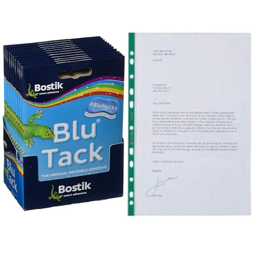 Blu Tack mit gelochter Klarsichthülle – Mastix-Kleber, ungiftig, blau, mit KAV A4 Deluxe-Klarsichthüllen, mehrfach gestanzter grüner Rücken, 60 Mikron Dicke, blendfreie Oberfläche Blu Tack mit gelochter Klarsichthülle – Mastix-Kleber, ungiftig, blau, mit KAV A4 Deluxe-Klarsichthüllen, mehrfach gestanzter grüner Rücken, 60 Mikron Dicke, blendfreie Oberfläche von KAV