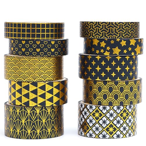 KAVI' S 10 Rollen Washi Tape Set Klebeband Papier Dekorativ Rauschgold Masking Tape Klebeband Bunt für Scrapbooking Handwerk Handwerk (Black Classic) von KAVI' S