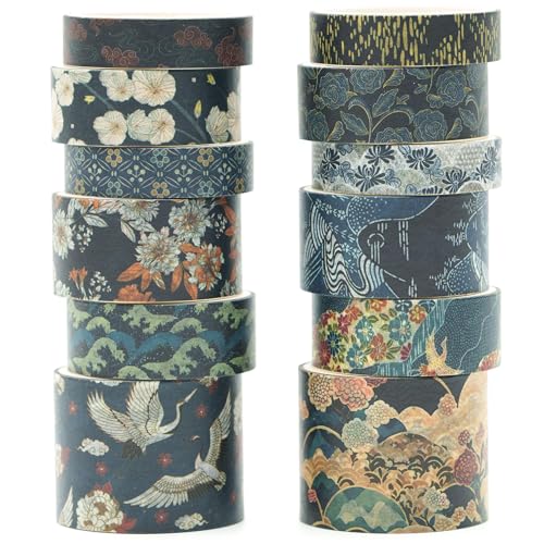 KAVI' S 12 Rollen Kyoto Charme Washi Tape Set Klebeband Papier Dekorativ Masking Tape Klebeband Bunt für Scrapbooking Handwerk Handwerk (Cerulean Showa) von KAVI' S