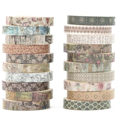 KAVI' S 20 Rollen Dünn Weinlese Washi Tape Set Klebeband Papier Dekorativ Masking Tape Klebeband Bunt für Scrapbooking Handwerk Handwerk (Ephemeral Blossoms) von KAVI' S