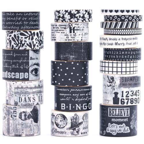 KAVI' S 20 Rollen Retro Washi Tape Set Dekorative Antik Rauschgold Masking Tapes Klebeband Bunt für Kunst, DIY Handwerk, Tagebuch, Planer, Scrapbook, Verpackung (Black & White Memories) von KAVI' S