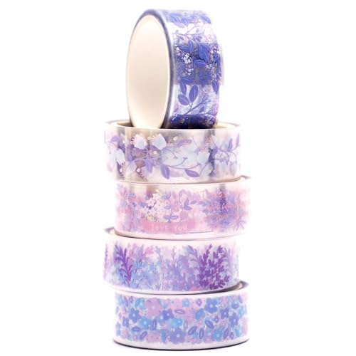 KAVI' S 5 Rollen Blumen Washi Tape Set Klebeband Papier PET Dekorativ Weinlese Masking Tape Durchsichtig Klebeband Bunt für Scrapbooking Handwerk Handwerk (Lavender) von KAVI' S