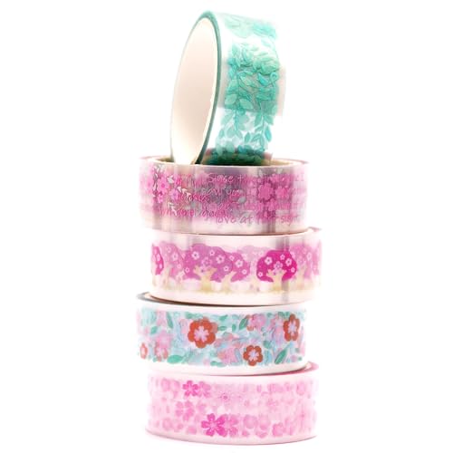 KAVI' S 5 Rollen Blumen Washi Tape Set Klebeband Papier PET Dekorativ Weinlese Masking Tape Durchsichtig Klebeband Bunt für Scrapbooking Handwerk Handwerk (Sakura) von KAVI' S