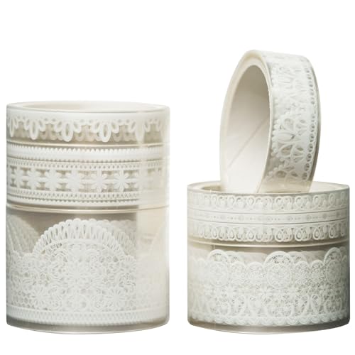 KAVI' S 6 Rollen Lace Muster Washi Tape Set PET Masking Tape Dekoratives Klebeband für Scrapbooking, Geschenkverpackung, Urlaubsdekoration (Pure White) von KAVI' S