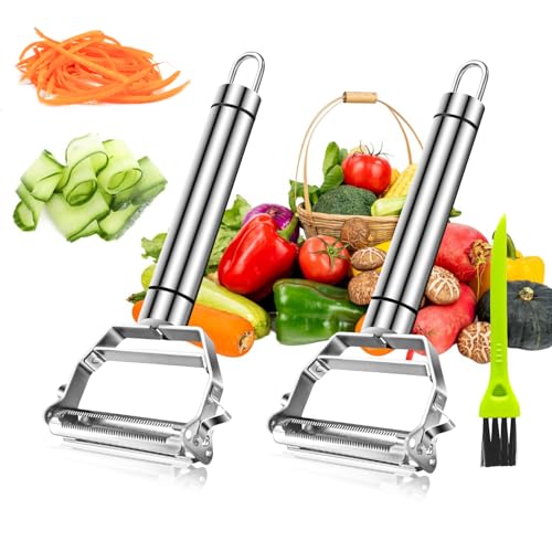 3 in1 Universal-Sparschäler(2stk), Kartoffelschäler & Sparschäler Julienne & V-förmige Rillen, Gemüseschäler avec Brosse de Nettoyage, Peeler für Links Rechtshänder - Edelstahl, Spülmaschinengeeigne von KAWAAN