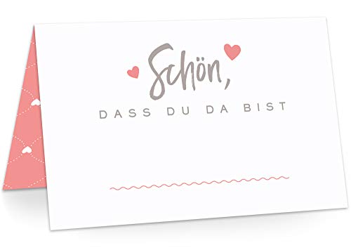 Tischkarten Platzkarten Namenskarten für Hochzeit Geburtstag Feier Taufe Kommunion Konfirmation Firmung Jugendweihe, 50 Stück Premium Qualität, Herzchen-Dekor, Coral Love (Rot) von KAWAI-KAMI