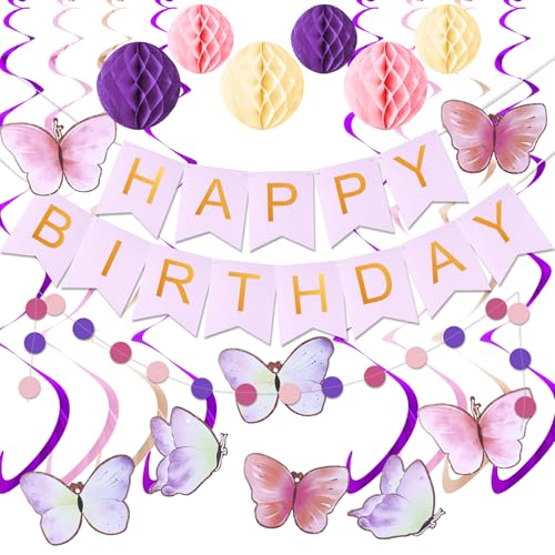 KAWKALSH Geburtstag Dekorationen, Happy Birthday Banner mit Wabenbälle, Schmetterling Hängende Wirbel Luftschlangen, Kreis Punkte Girlande, Happy Birthday Party Dekorationen für Frauen Mädchen KAWKALSH Geburtstag Dekorationen, Happy Birthday Banner mit Wabenbälle, Schmetterling Hängende Wirbel Luftschlangen, Kreis Punkte Girlande, Happy Birthday Party Dekorationen für Frauen Mädchen von KAWKALSH