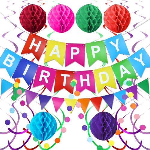 KAWKALSH Happy Birthday-Banner mit bunten Papierflaggen, Wimpelkette, Papierkreis, Konfetti-Girlande, Wirbelschlangen, Wabenball für Geburtstagsparty KAWKALSH Happy Birthday-Banner mit bunten Papierflaggen, Wimpelkette, Papierkreis, Konfetti-Girlande, Wirbelschlangen, Wabenball für Geburtstagsparty von KAWKALSH