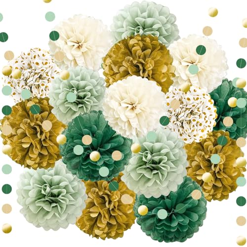 KAXIXI Salbeigrüne Hochzeits-Party-Dekorationen, grüne und goldene Seidenpapier-Pompons, Kreis-Girlande für Brautparty, Babyparty, Hochzeit, Geburtstag, Verlobung, Party-Dekorationen, 17 Stück KAXIXI Salbeigrüne Hochzeits-Party-Dekorationen, grüne und goldene Seidenpapier-Pompons, Kreis-Girlande für Brautparty, Babyparty, Hochzeit, Geburtstag, Verlobung, Party-Dekorationen, 17 Stück von KAXIXI