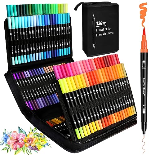 KAZATE 136 Farben Filzstifte Set Dual Brush Pen Set Dicke und Dünne Stifte Set für Erwachsene und Kinder Doppelfasermaler Pinselstifte für Handlettering Kalligraphie Malen Mandala von KAZATE