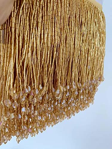 KAnduo Fransen-Quastenbesatz, Vorhang-Bastel-Kleiderbesatz, 1 Yard, Schwarze Perlenfransen-Quastenbesatz for Tanzkostüm, Haute Couture-Kleiderbesatz, Perlenfransen (Color : Gold) von KAnduo