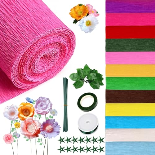 KBIBCK 12 Farben Krepppapier, Krepppapier Bunt, Bunt Bänder Crepe Paper mit Grünes Lametta und Grünes Klebeband dür DIY Blumen Kunsthandwerk, Geburtstagsfeier Hochzeit Festival Ornament (25 x 250 cm) von KBIBCK