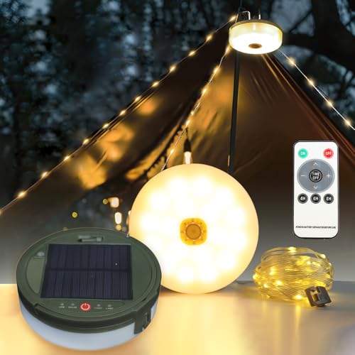 KBIBCK Camping Lichterkette Aufrollbar, 12M 120LEDs Solar Lichterkette Aussen Camping, Camping Lichterkette mit Fernbedienung, Warmweißes Licht für Garten, Camping und Terrasse, 3600mAh von KBIBCK