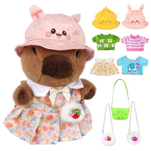 KBIBCK Capybara Kuscheltier, 23cm Wasserschwein Kuscheltier, Capybara Plushie Puppen mit Kleidung und Accessoires, Capybara Plush Toy, Anziehspielzeug für Mädchen Und Jungen von KBIBCK