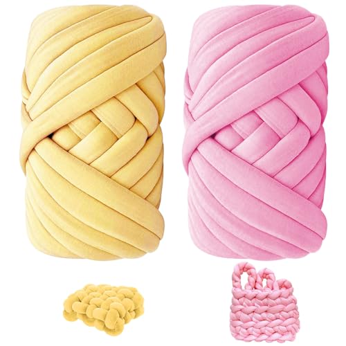 KBIBCK 2 Stk Armstricken Wolle 500g/25m, Chunky XXL Wolle zum Handstricken, Yarn WolleDicke Schlauchgarn DIY Garn Strickwolle Handstrickgarn, Für Anfänger, Decken, Tasche, Handstrickgarn (Rosa+Gelb) von KBIBCK
