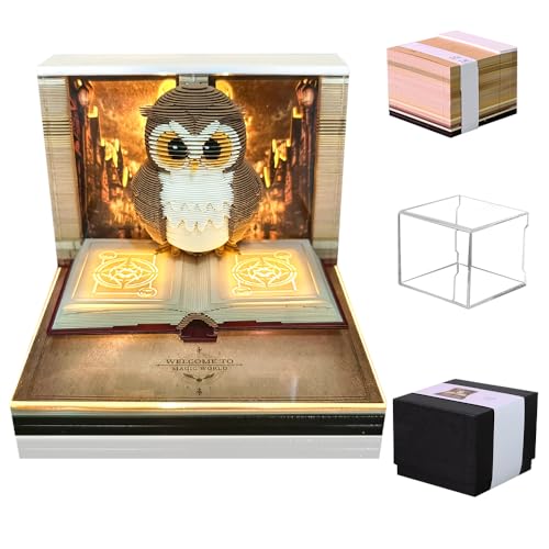 KBIBCK Schreibtisch Kalender mit Lichtern, 3D Kalender Abreißen 2026, 3D-Notizblock, 3D Memo Pad Papier Schnitzen, Kreative 3D Papierskulptur, DIY Desktop Ornament, Geschenke für Weihnachten (Eule) von KBIBCK