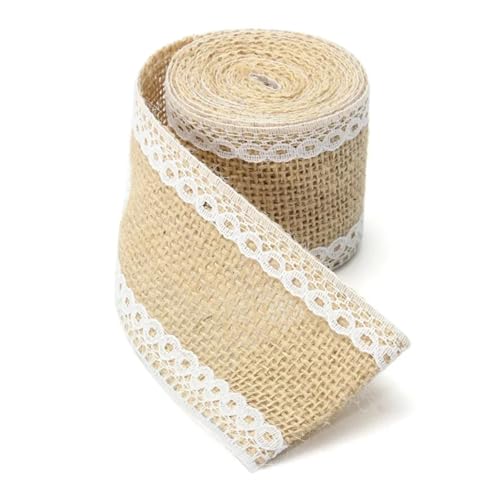 KBLDOPN 1 stücke 5 cm x 200 cm Natürliche Jute Sackleinen Rolle Weiß Spitze Hessischen Trim Tisch Läufer Bänder Rustikalität Hochzeit Decor DIY Handwerk Für Hochzeit, Bauernhaus Party(2) von KBLDOPN
