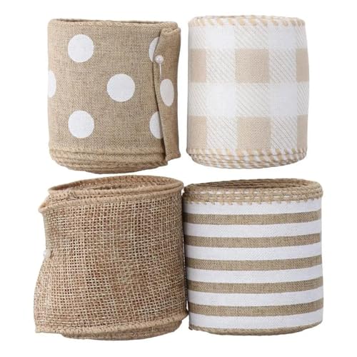 KBLDOPN 4 Rollen Sackleinen-Stoffband, 20 Yards Sackleinen-Randband mit Buffalo Plaid Stripes Dot, Band for DIY Für Hochzeit, Bauernhaus Party KBLDOPN 4 Rollen Sackleinen-Stoffband, 20 Yards Sackleinen-Randband mit Buffalo Plaid Stripes Dot, Band for DIY Für Hochzeit, Bauernhaus Party von KBLDOPN