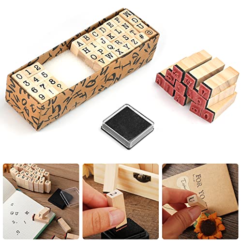 KBNIAN 40 Stück Holzstempel Alphabet, Buchstaben und Zahlen Set-Klein Vintage Hölzerne Stempel Mit Stempelkissen für Kunst, Handwerk, Kartenherstellung von KBNIAN