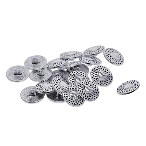 20 x tibetische, silberfarbene Metalllegierung, 1-Loch-Nähknöpfe, Verschluss 18 mm, Herz von KBOLAE