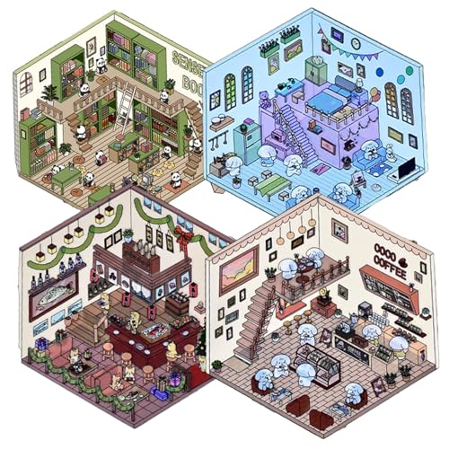 3D -Aufkleber -Szene, DIY 3D House Sticker 4 Sets süße lustige Aufkleber Isometrische Zimmeraufkleber -Szene Loft, Café, Buchhandlung, Sushi Spinnery für Erwachsene Kinder Relief Stress Pass Die Zeit von KDAMGOQE