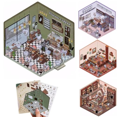 DIY-Aufkleber, Szenenaufkleber 4 Set Cafe, Shop, Restaurant & Bookstore 3D House DIY-freundlich entzückend 3D-Stressabbau für Erwachsene, Kinder von KDAMGOQE