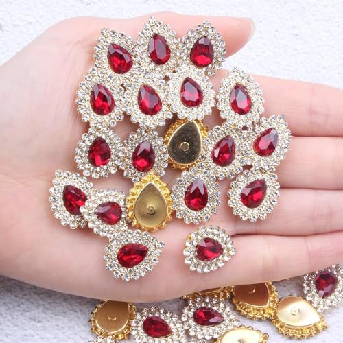 Strasssteine zum Aufnähen, 7 x 10 mm, Tropfenform, flache Rückseite, Kristallglas, Metall, Goldfassung, Edelsteine für Hochzeit, Kleidung, Kleid, Jeans, Basteln, Dekoration, 30 Stück (rot) von KDCQAH