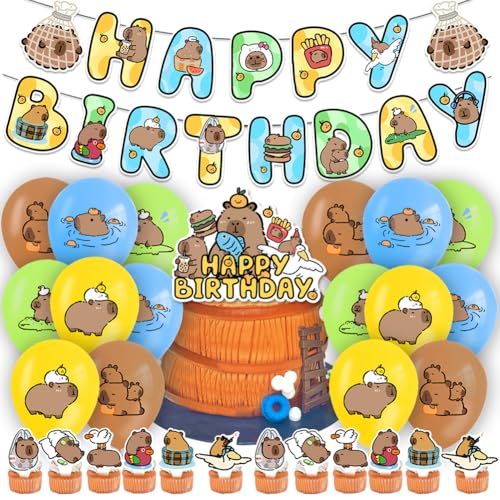 42pcs Capybar Party Dekoration KDFSSIPE Capybar Happy Birthday Banner Ballons Kuchen Dekorationen Cupcake Topper Kindergeburtstag Party Deko von KDFSSIPE