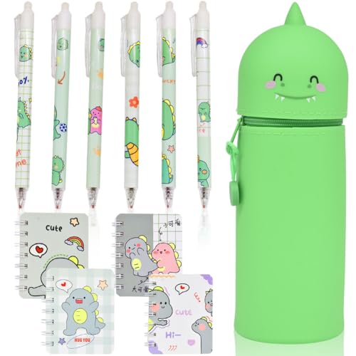 KDFSSIPE Dinosaurier Party Mitgebsel, Dino KinderGeburtstag geschenk, 1 Kawaii Silikontasche Federmäppchen+ 4 Mini Notizblock + 6 Cartoon Neutraler Stift Für Mädchen Jungen Gastgeschenke von KDFSSIPE
