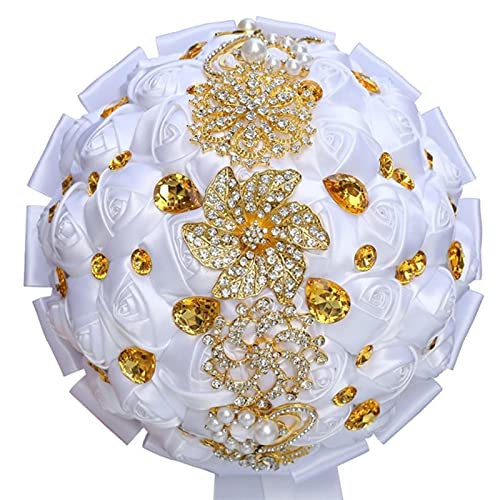 21 cm Gold Brosche Diamant Braut Hochzeit Weiße Blumensträuße Braut Kristall Seidenblumen Brautsträuße Braut Holding Blume-21 cm Weiß von KDOQ