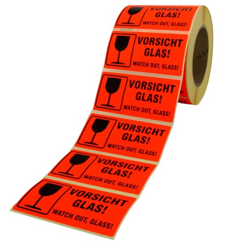 10 Etiketten Vorsicht Glas zerbrechlich Haftpapier 100 x 50 mm leuchtend rot von KDS