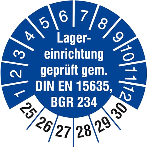 10 Prüfetiketten 30 mm Lagereinrichtung geprüft DIN EN 15635 BGR 234 2025-2030 Prüfplaketten von KDS