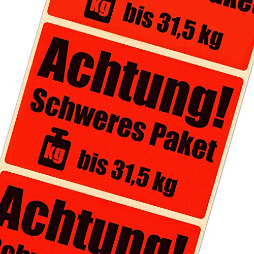 100 Etiketten Achtung schweres Paket bis 31,5 kg leuchtend rot Haftpapier 105 x 72 mm von KDS