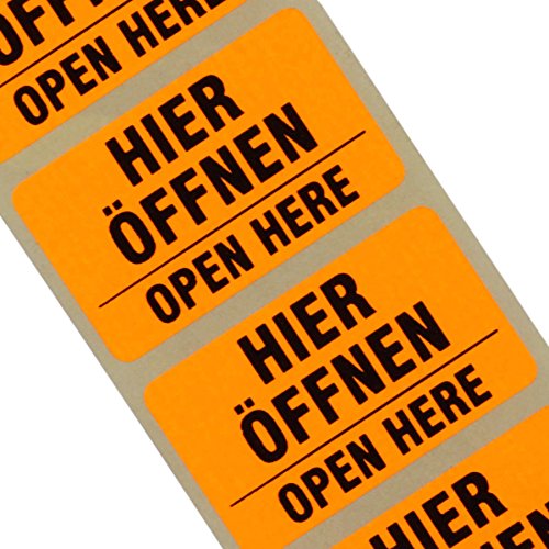 100 Etiketten "Hier öffen/open here" Haftpapier 38 x 23 mm leuchtend orange 2-sprachig von KDS
