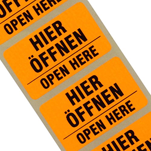 100 Etiketten "Hier öffen/open here" Haftpapier 38 x 23 mm leuchtend orange 2-sprachig von KDS
