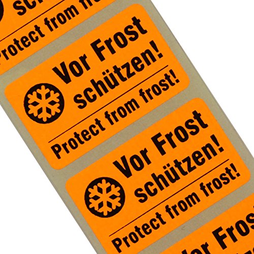 100 Etiketten "Vor Frost/Kälte schützen" Haftpapier 38 x 23 mm leuchtend orange 2-sprachig von KDS